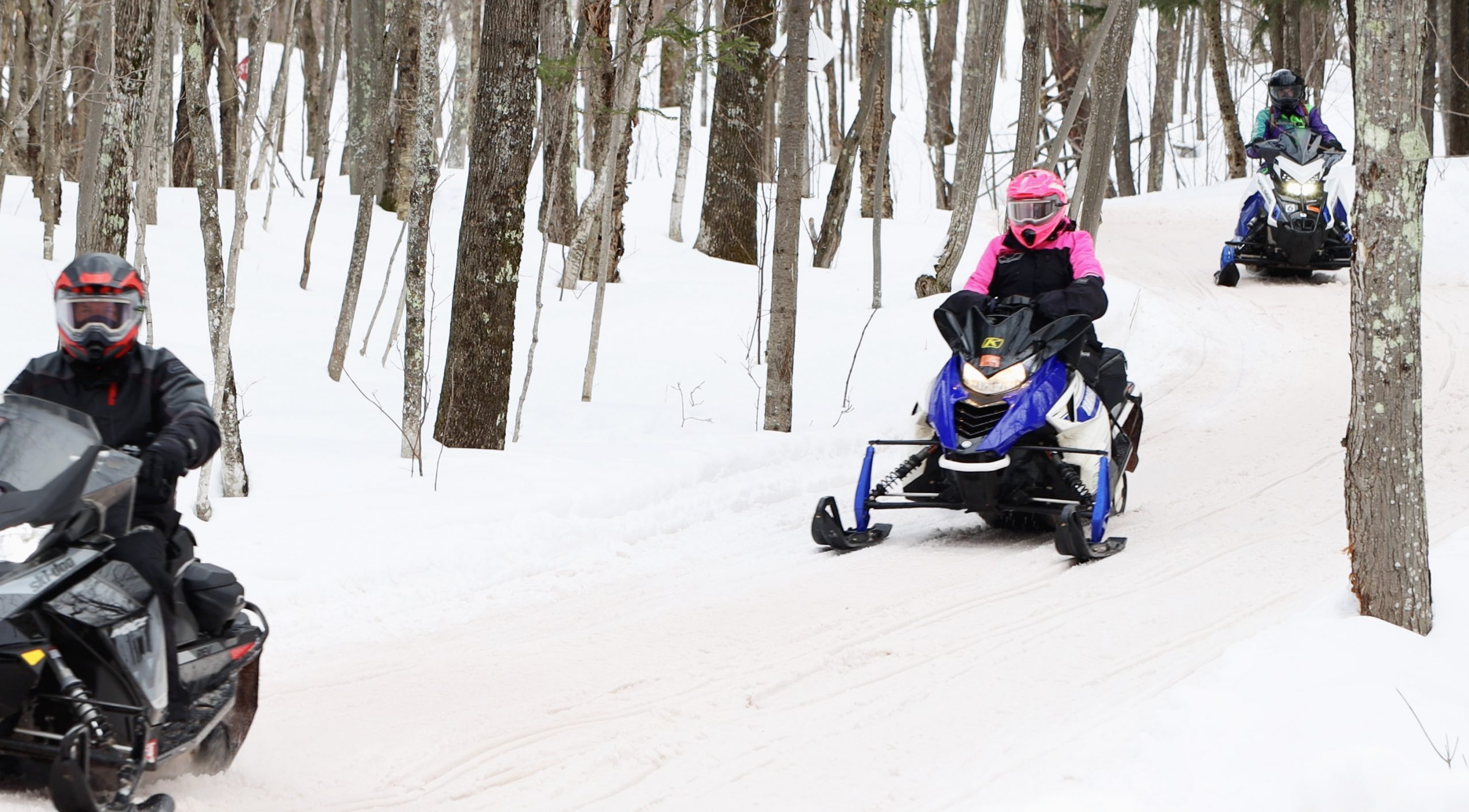 Snowmobilers riding a wooded trail in Ontonagon County